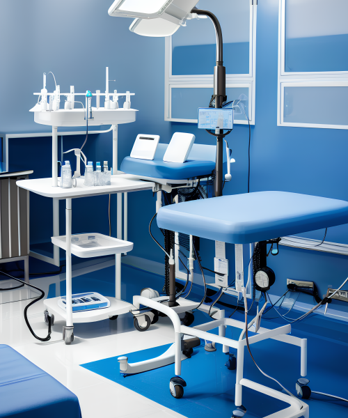 medical surgical table with big medical equipment and medical lamps in blue and white colors, stock photo